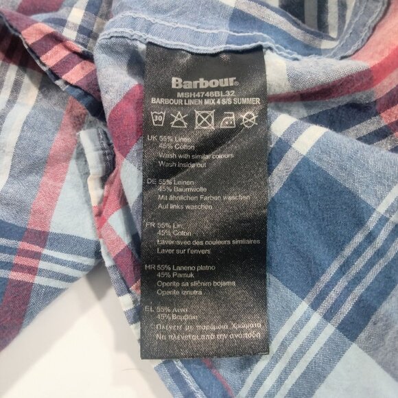Barbour Shirt Mens XL Blue Plaid Linen Blend Button Up Short Sleeve Prep… - Picture 4 of 6